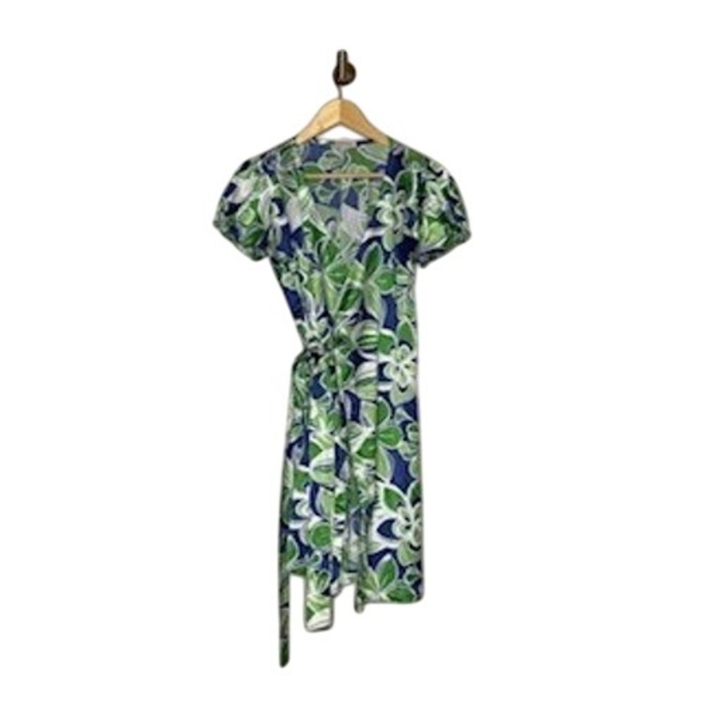 Vintage Tropical Floral True Wrap Dress Green Blue Resort